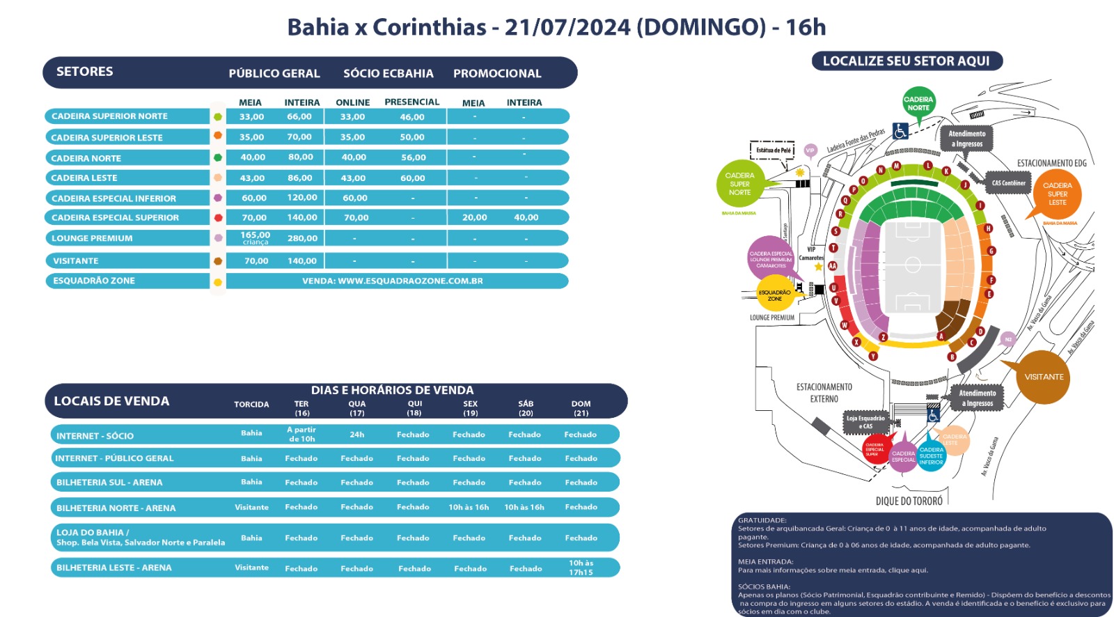 Onde encontrar ingresso Bahia x Corinthians 2024? Veja os locais de venda oficiais.